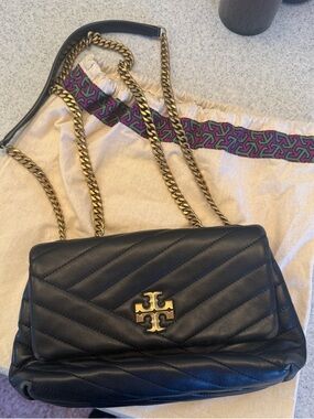 Tory Burch Black Quilted Leather Shoulder Bag with Gold Chain